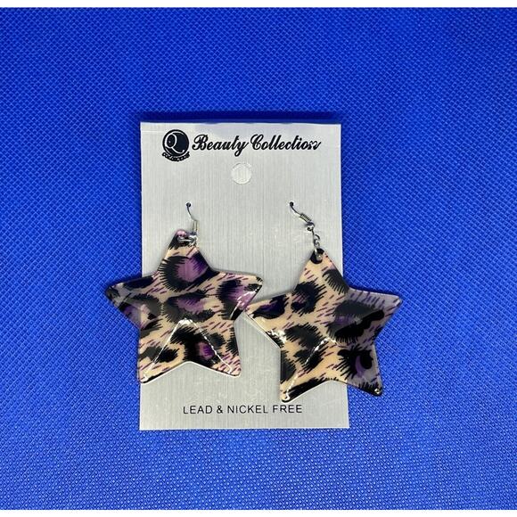 Silver Tone Cheetah Print Star Earrings Chic Style Fashion Trendy Animal Print - Picture 6 of 7